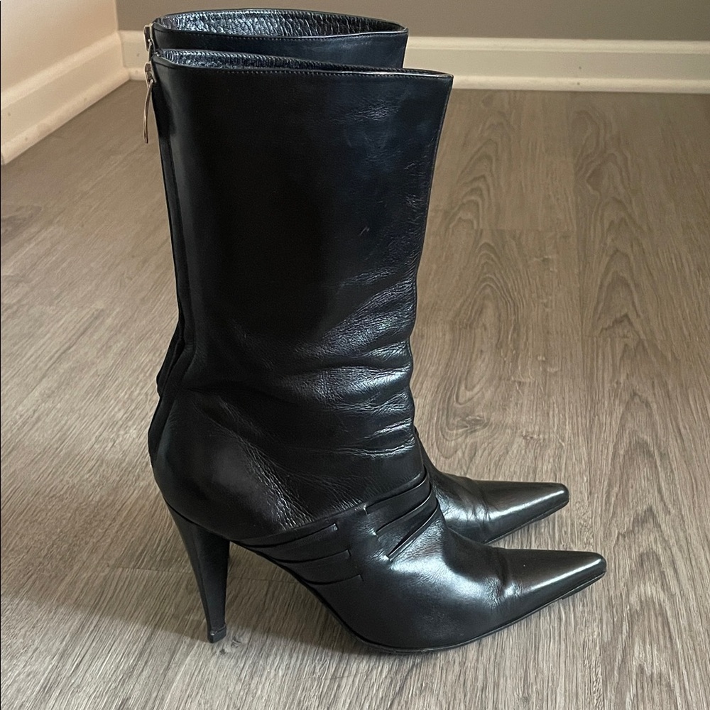 Sergio Rossi Black Leather Pointy Toe High Heel Boots Size 38.5